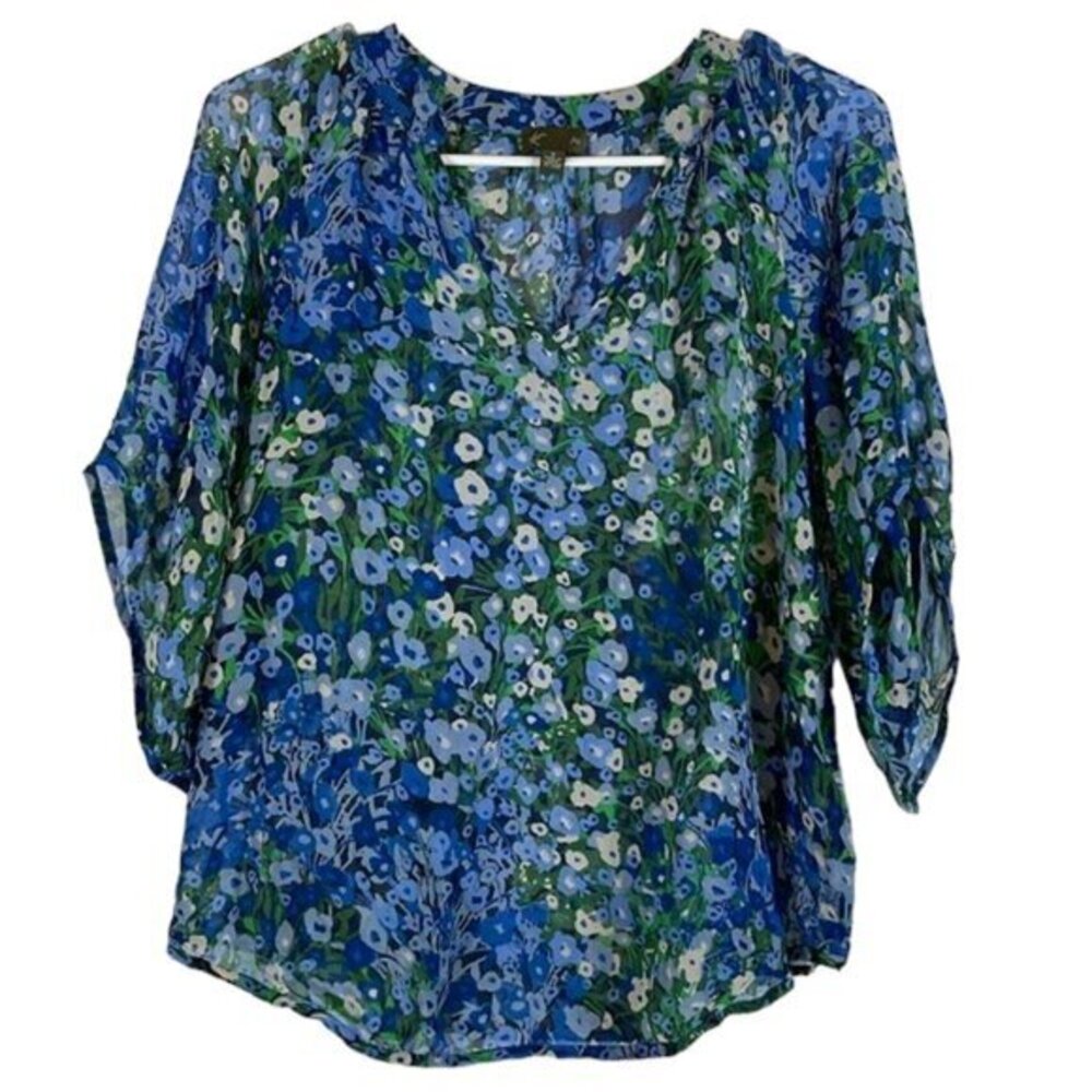 Women's FEI Blue Floral Print All Day Wear SILK Blouse Size 2 EUC #6034